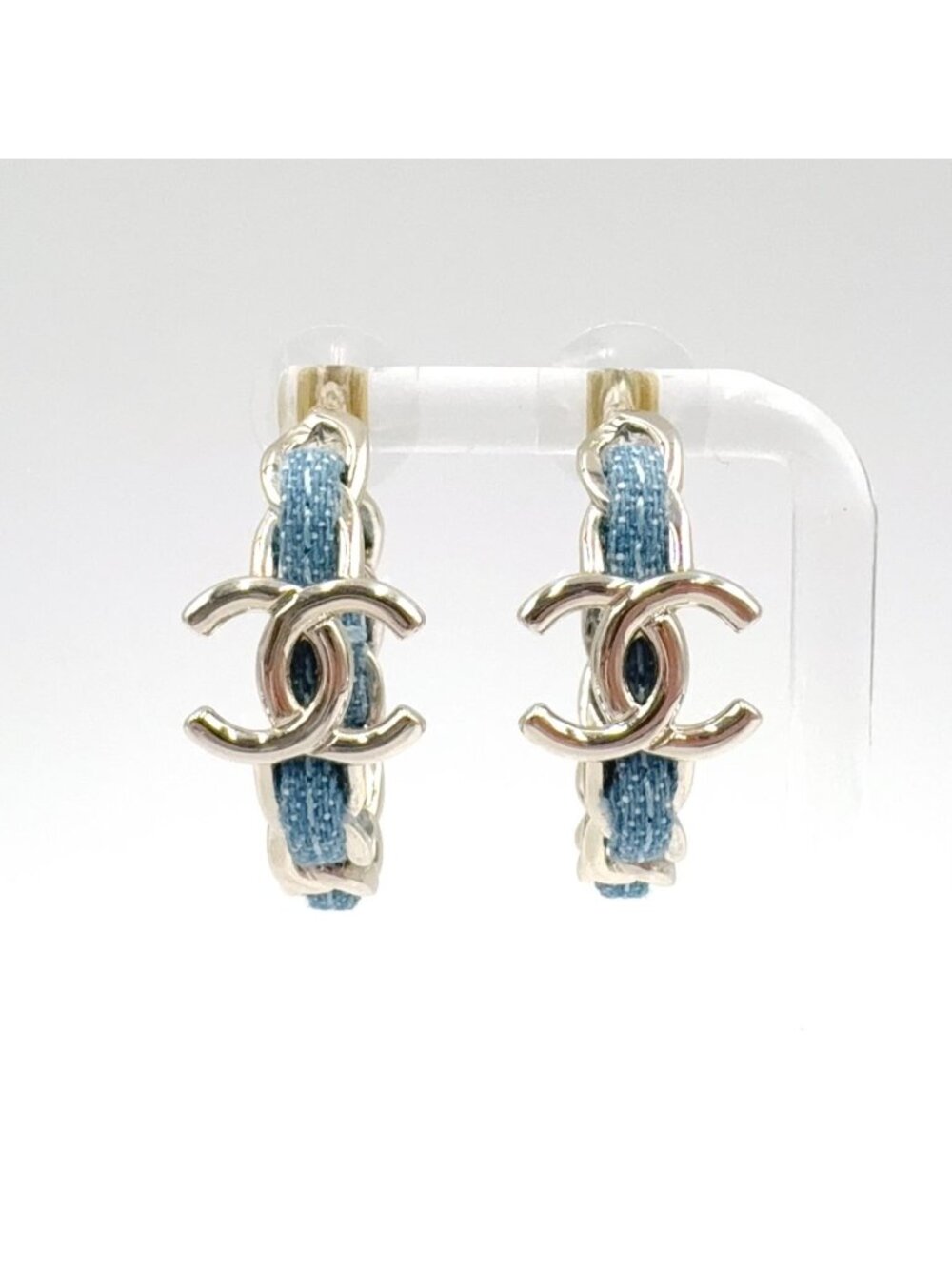 Chanel CC Logo Hoop Metal Denim Silver Blue Earrings